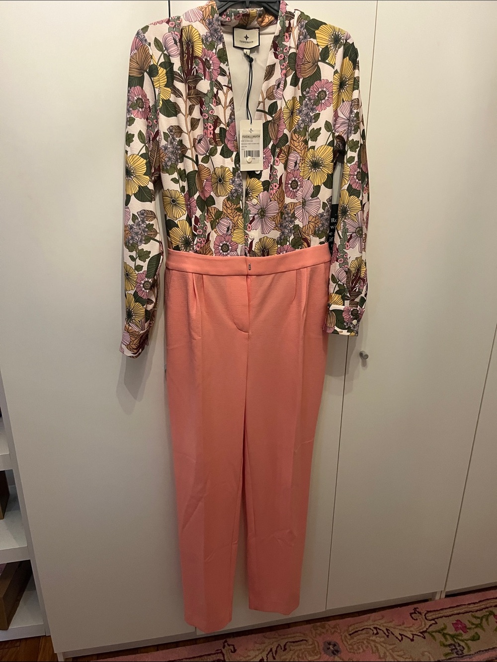Floral Print Blouse & Coral Pants Jumpsuit Set nwt size 4